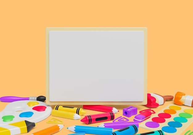 3D Background Featuring a Blank Banner and Art Supplies – Free Download