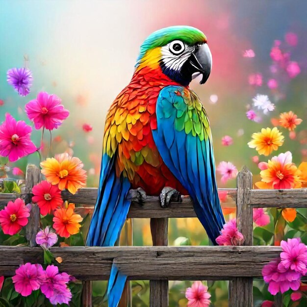 A Colorful Parrot on a Fence Surrounded by Flowers – Free Download