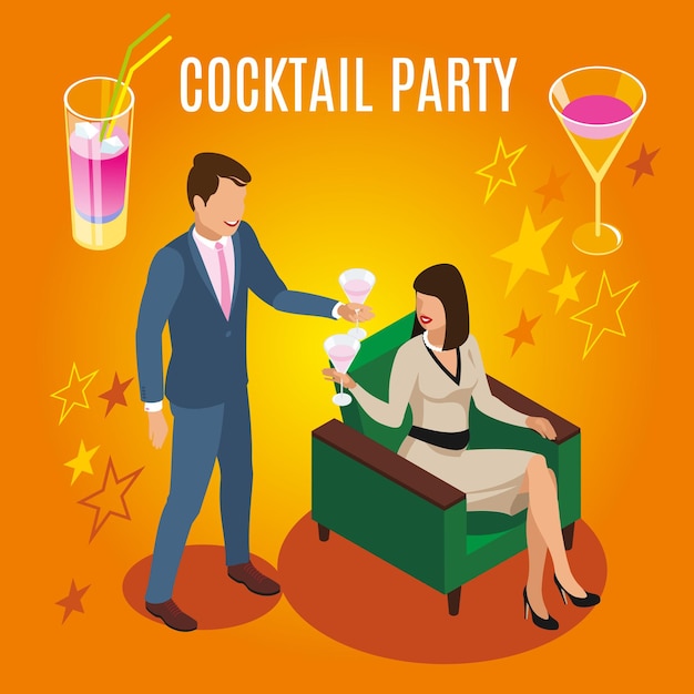 Isometric Illustration of Wealthy Individuals at a Cocktail Party on Orange Background – Free Download