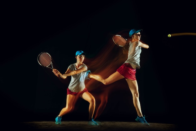 Woman Playing Tennis in Various Positions Against a Black Wall – Free Download