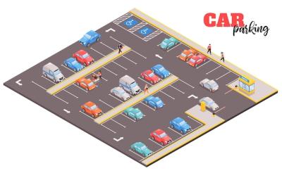 Isometric Car Parking Mall Composition with Square Area Featuring Cars and People – Free Download