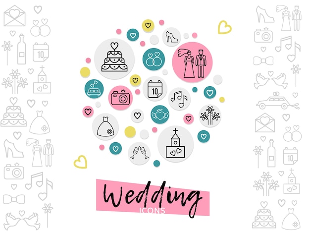 Wedding Line Icons Concept Featuring Couple, Cake, Shoes, Rings, Date, Church, Fireworks, Camera, and Dress – Free Stock Photos for Download