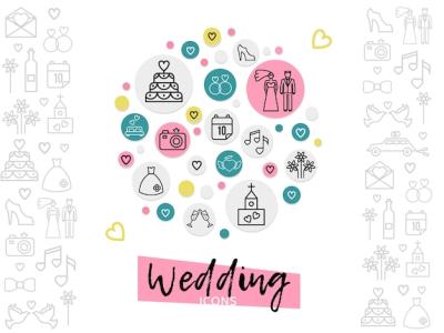 Wedding Line Icons Concept Featuring Couple, Cake, Shoes, Rings, Date, Church, Fireworks, Camera, and Dress – Free Stock Photos for Download