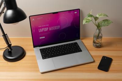 High Angle Laptop Mockup in a Minimalist Setting – Free to Download