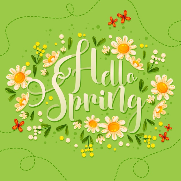 Hello Spring Lettering with Beautiful Flowers – Free Download