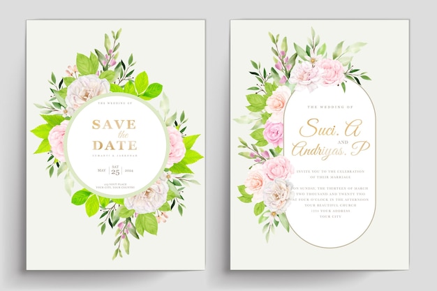 Hand Drawn Roses and Green Leaves Wedding Invitation Card Set – Free Download