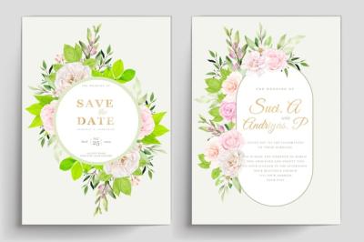 Hand Drawn Roses and Green Leaves Wedding Invitation Card Set – Free Download