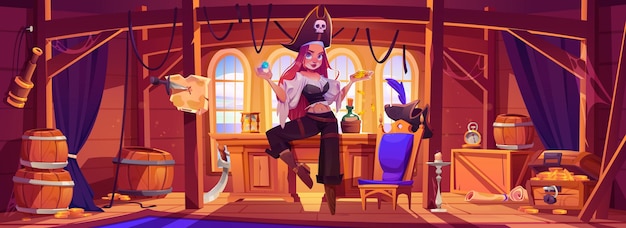 Girl Pirate in Captain Cabin on Ship – Free Download, Free Stock Photo