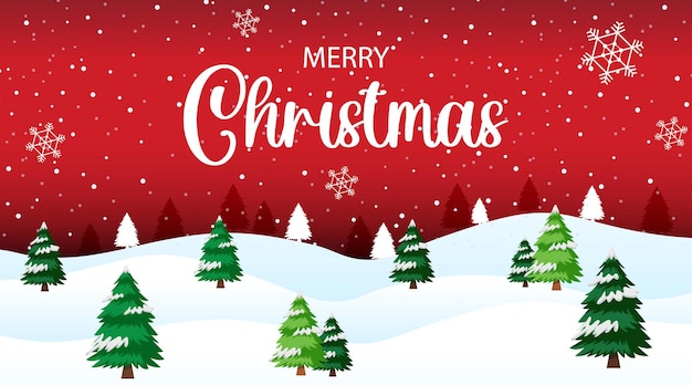 Merry Christmas Banner Featuring Snow-Covered Pine Trees – Free Download