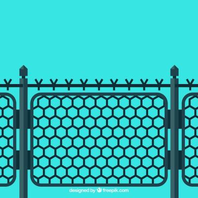 Metal Fence with Barbed Wire on Blue Background – Free Download