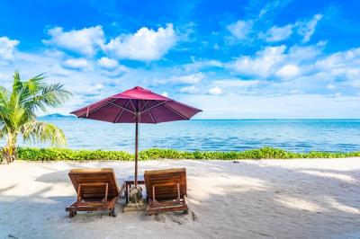 Stunning Beach Landscape with Chair, Umbrella, and Coconut Palm – Free Download