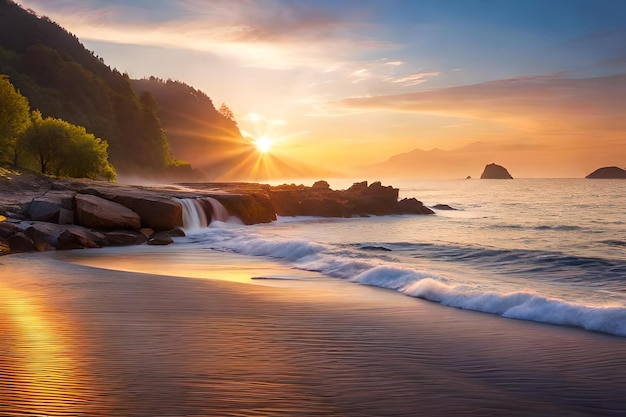 A Stunning Sunset on the Beach with Mountain Backdrop – Free Download