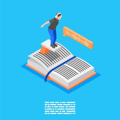 Isometric Illustration of a Female Character on a Trampoline Over an Open Book – Free Download