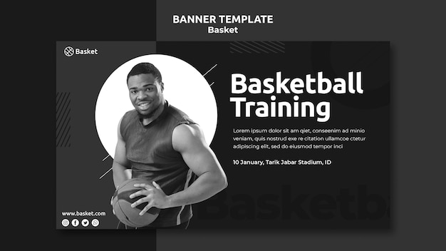 Black and White Horizontal Banner Featuring Male Basketball Athlete – Free Download