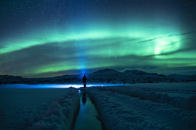 Person Standing on Snow-Covered Ground Under Green Sky – Free Stock Photo for Download