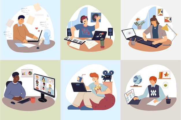 Vector Illustrations of Human Characters Using Computers for Various Occupations – Free Download