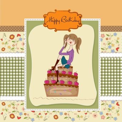 Birthday Card Design Featuring a Girl and Cake – Free Download