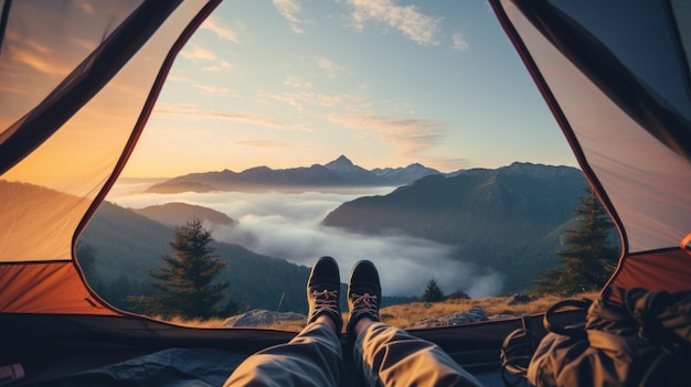 Mountain View from a Tent: Enjoy the Outdoors with Hiking Boots – Free Download