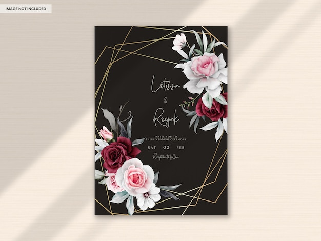 Elegant White and Maroon Rose Floral Frame Watercolor Invitation Card Template – Free Download