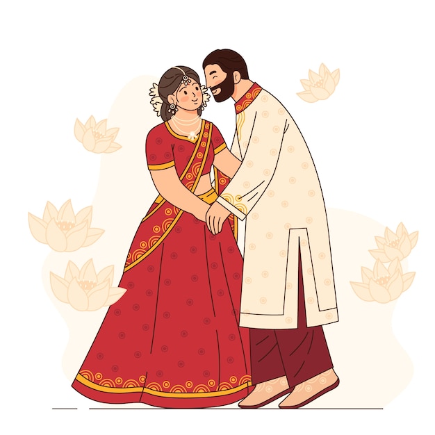 Illustration of a Hand Drawn Asian Couple – Free to Download