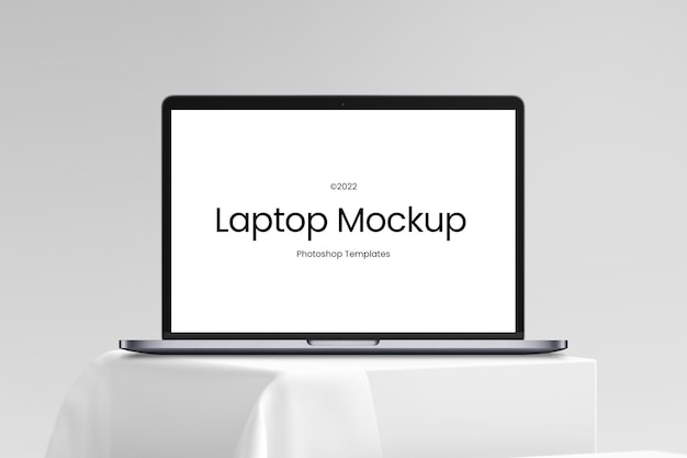 White Laptop Mockup on Podium – Editable PSD Template for Free Download