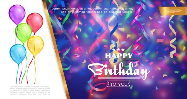 Realistic Happy Birthday Template with Colorful Balloons, Ribbons, and Confetti – Free Download