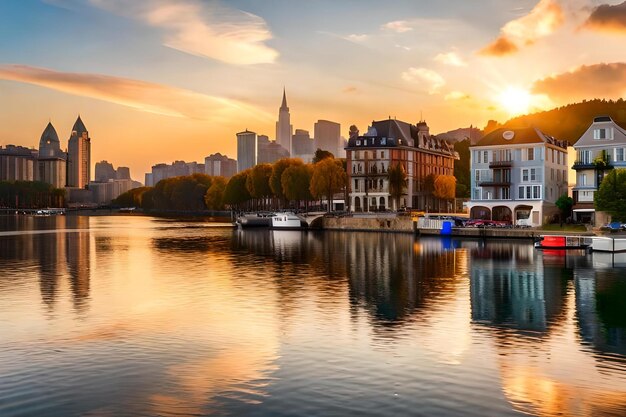 A Stunning City Sunset Reflection in Water – Free Download