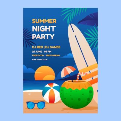 Gradient Summer Night Party Poster Template Featuring Beach and Coconut – Free Download