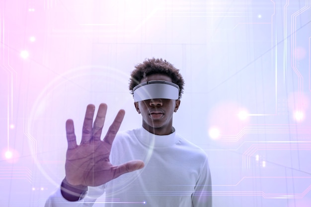 Man Wearing Smart Glasses Interacting with Virtual Screen – Free Download