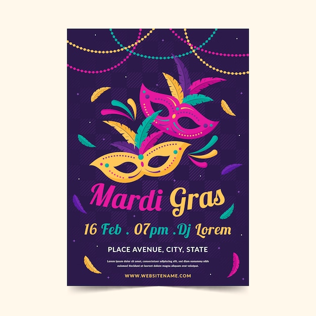 Mardi Gras Flyer Template in Flat Design – Free Download