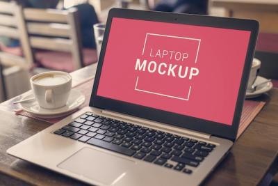 Laptop Mockup on Coffee Shop Desk – Free Download, Free Stock Photo