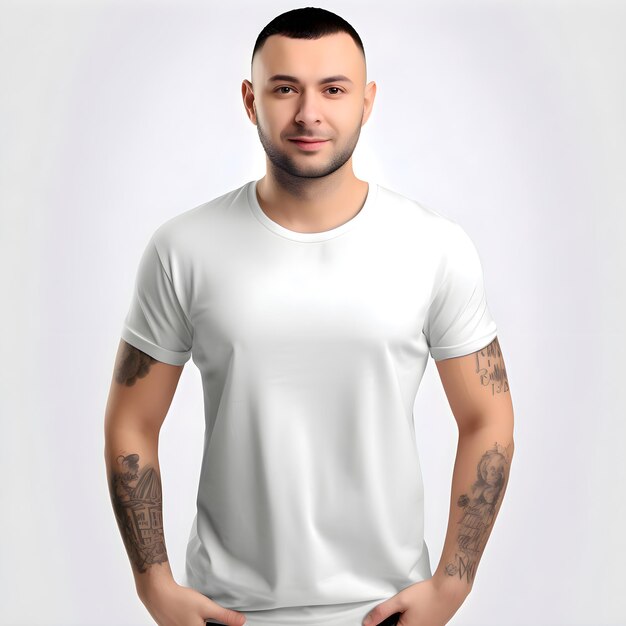 Handsome Tattooed Man in White T-Shirt on Grey Background – Free Download