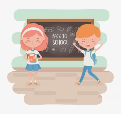 Little Students Couple with Chalkboard and School Supplies – Free Download