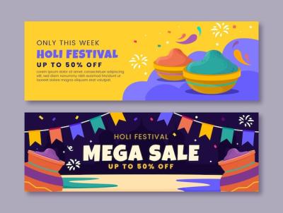 Flat Horizontal Sale Banners for Holi Festival Celebration – Free Download