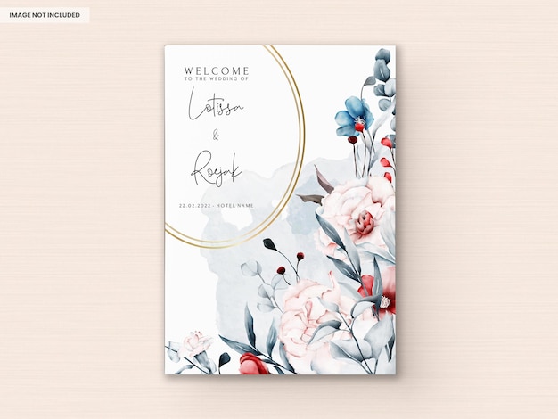 Wedding Invitation Card Template with Red and Blue Floral Watercolor Frame – Free Download