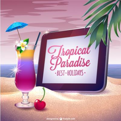 Stylish Summer Card Featuring a Tablet and Cocktail on the Beach – Free Download