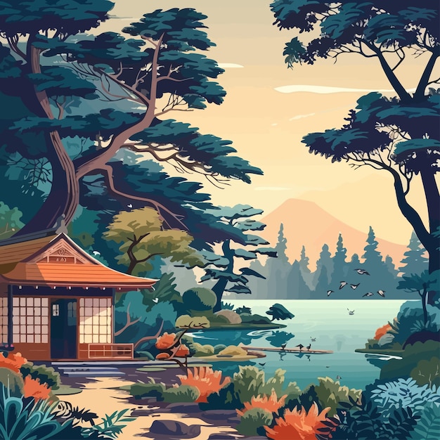 Japanese Landscape Featuring Traditional Garden and Lake – Free Download