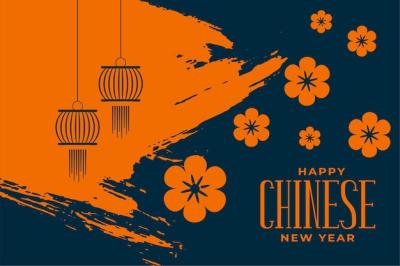 Happy Chinese New Year Greeting Featuring Flowers and Lanterns – Free Download