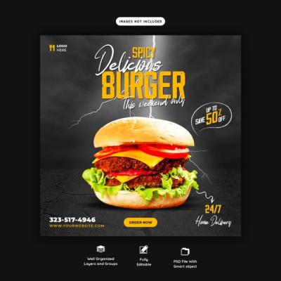 Delicious Burger and Food Menu Social Media Banner Template – Free to Download