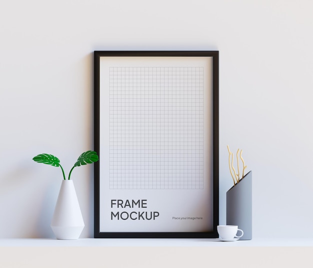 Black Frame Mockup on Table with Plant and Aesthetic Ornament – Free Download