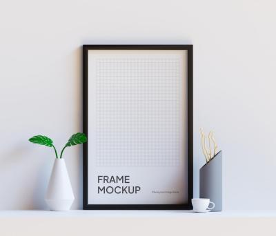 Black Frame Mockup on Table with Plant and Aesthetic Ornament – Free Download