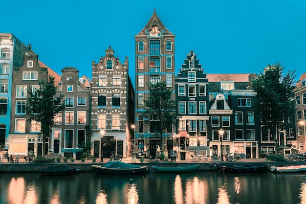 Amsterdam Canal at Night with Dutch Houses – Free Stock Photo for Download