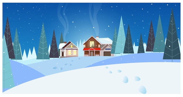 Winter Landscape Cottages and Fir-Trees Illustration – Free Download