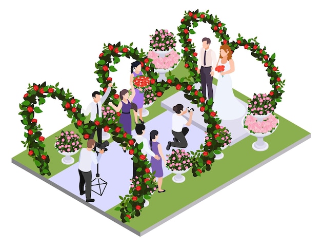 Isometric Vector Illustration of Wedding Arches and Guests at a Florist City Event – Free Download