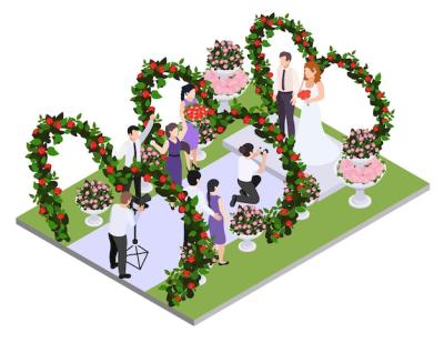 Isometric Vector Illustration of Wedding Arches and Guests at a Florist City Event – Free Download