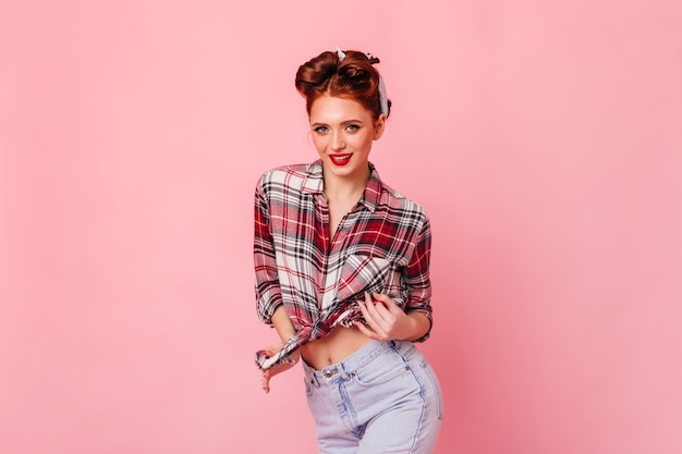 Sensual Ginger Girl Playfully Posing in Checkered Shirt – Download Free Stock Photo