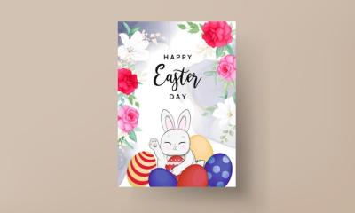 Happy Easter Card Featuring Cute Rabbit, Colorful Easter Egg, and Beautiful Flowers – Free Download