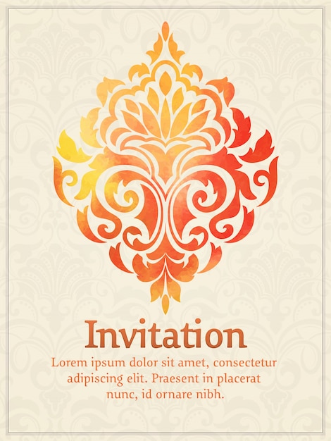 Watercolor Damask Element Invitation Card on Light Background – Free Download