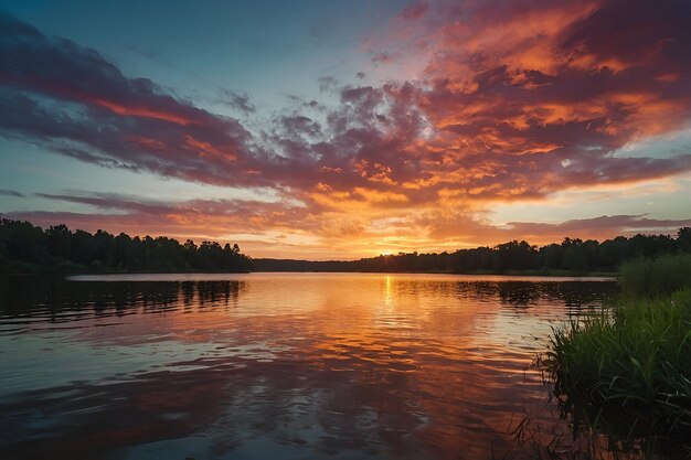 Vibrant Sunset Over a Serene Lake with Colorful Reflections – Free Download