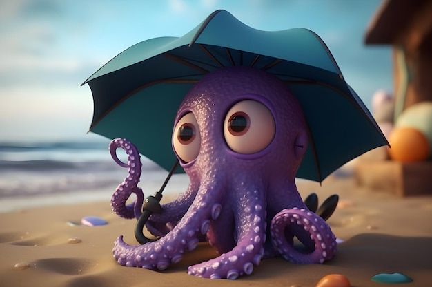 An Octopus with a Blue Umbrella on the Beach – Free Download